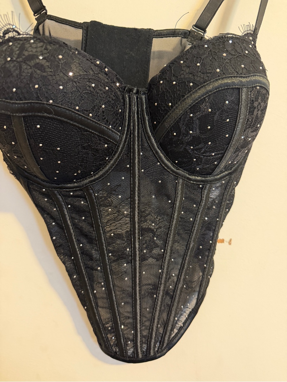 Black Rhinestone Lace Bustier Corset by TOP CHIC Size Small
